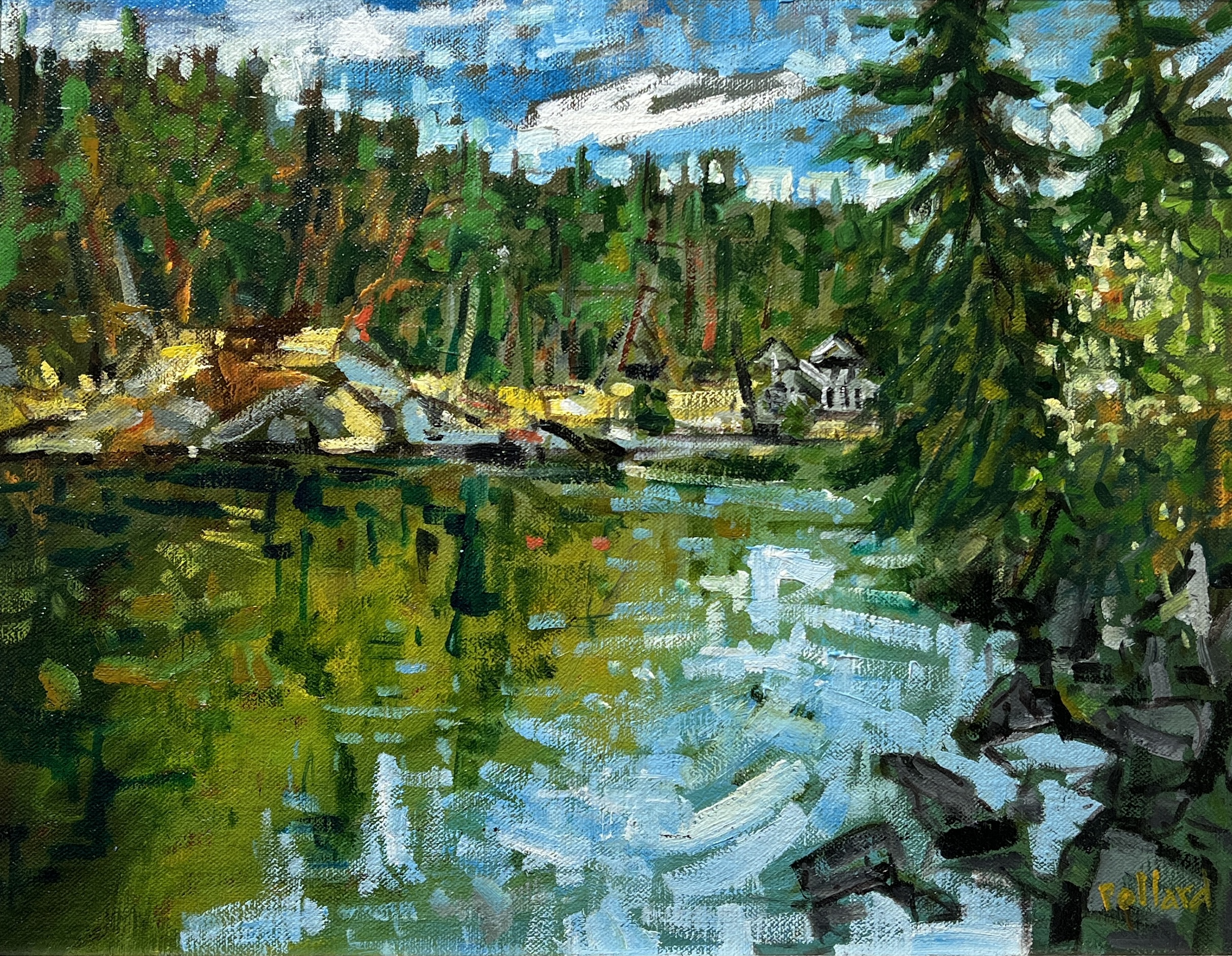 Peter Cove on Pender Island is an impressionistic oil painting with water reflections and an west coast island feel