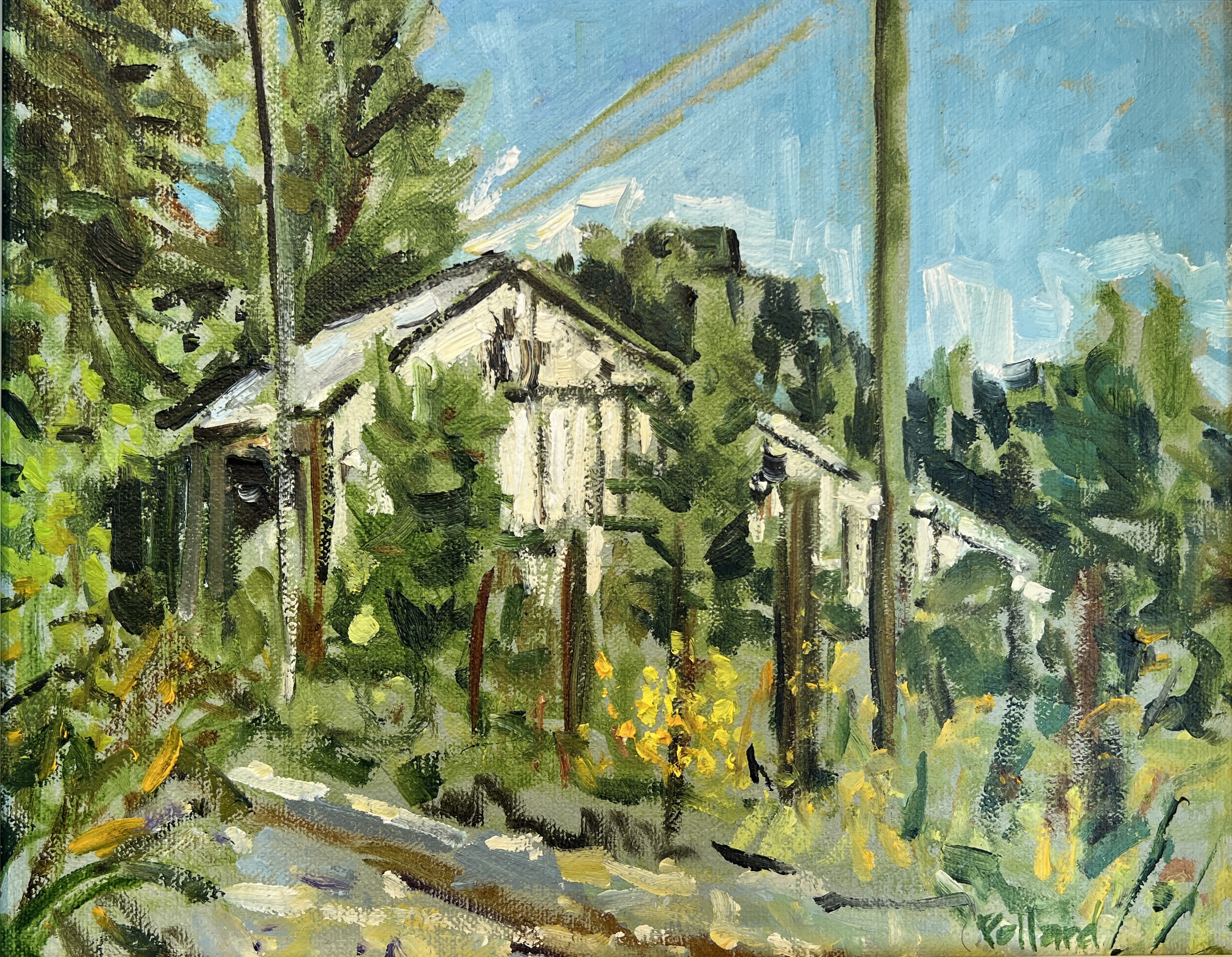 Oil painting by artist Kim Pollard of the old barn on Grimmer Road on Pender Island