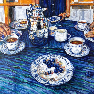 Blueberries and Tea is a dining table scene with a silver tea pot white and blue plates with blueberries and three sets of hands enjoying the food.