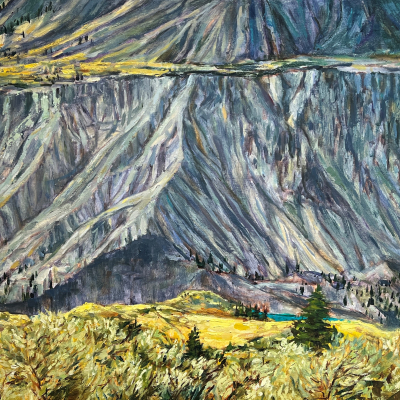 Farwell Canyon by artist Kim Pollard is a view of the vast landscape and valley and eroding sandstone cliff with a ledge and mountain beyond with a hint of turquoise Chilcotin River.  