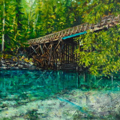 The Bridge on Pender Island from the ancient midden looking towards the canal by Canadian artist Kim Pollard painterly realism in oil with turquoise clear water