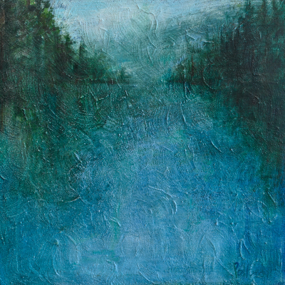 The Canal is an abstracted landscape painting of the Pender Island bridge in a blue mist with the forest flanking on both sides