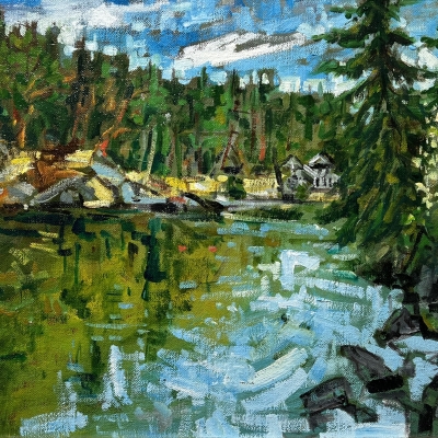 Peter Cove on Pender Island is an impressionistic oil painting with water reflections and an west coast island feel