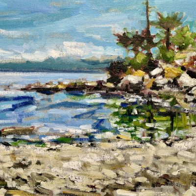 Gonzalez Bay, Victoria British Columbia by Kim Pollard is painted with bold brush stokes in an impressionistic style in a summertime palette