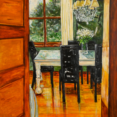 A painting in warm golden hues looking through a door at a dining table with a bouquet of lilies, the reflection of the sun on wood fir plank floor from the light of the window.  