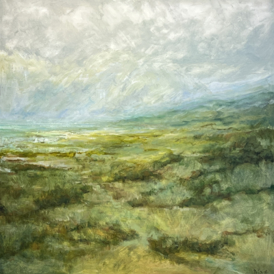 Drifting in Memory is a visceral ethereal landscape painting by Kim Pollard that is reminiscent of a Scottish Moor