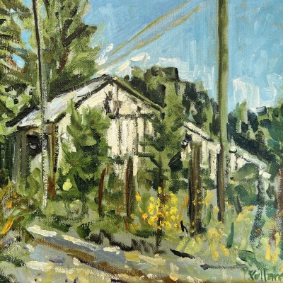 Oil painting by artist Kim Pollard of the old barn on Grimmer Road on Pender Island