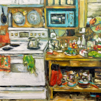 Painting of a retro kitchen with a woman at a stove preparing homemade scones in cast irons pans