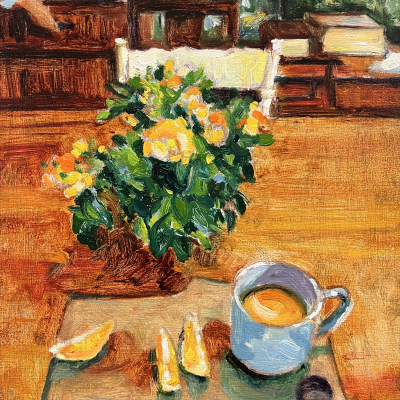 Oil painting of a dining table with sliced oranges and cup of tea with a woman's hand in the background opening a drawer. 