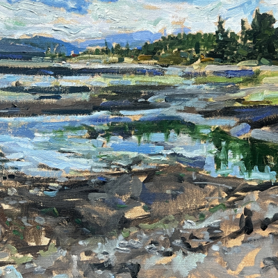 Estuary is a painting of the Little Qualicum River Estuary where it meets the Salish Sea. The tide is out exposing sand with reflections of distance trees in the water. 