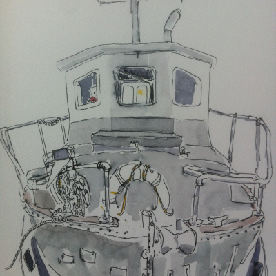 A painting of the frontal view of an old refurbished bc ferries lifeboat 