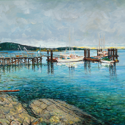 Hope Bay is a seascape painted with aquamarine and turquoise clear blue water with the Hope Bay Store on the left. 