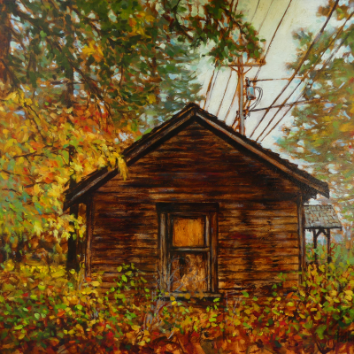 The Old Shack on Spalding Rd is a fall scene with an old heritage building  Pollard | Canadian Artist | Pender Island | British Columbia