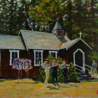 Music And Art is a painting that is of a band playing at Art Off The Fence art show on South Pender Island with a church in the background and paintings on easels. 