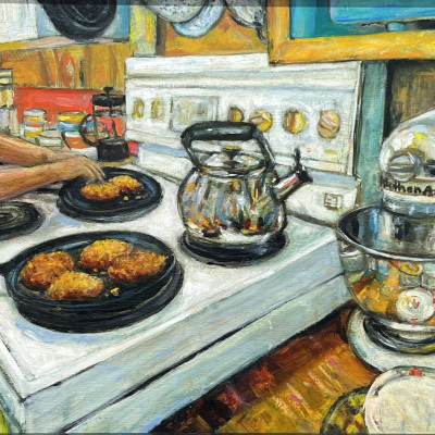 painting of a retro kitchen scene showing a woman's hands at the stove reheating yummy scones