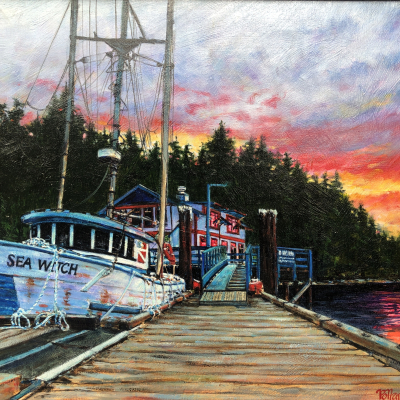 Sea Witch is a painting of a fishing boat docked at Hope Bay on Pender Island in the colours of a scarlet sunset