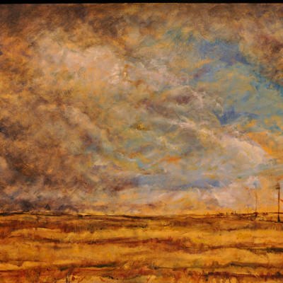 Southern Alberta or Saskatchewan big sky painting of a dramatic storm cloud approaching with a patch of blue sky and telephone poles in the distance 