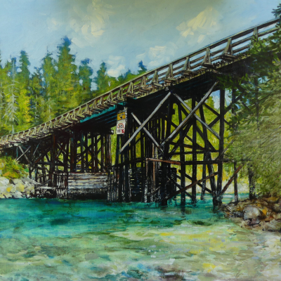 The Bridge is of the bridge that connects north and south Pender Island with clear turquoise water and painterly but detailed depiction of the wooden bridge