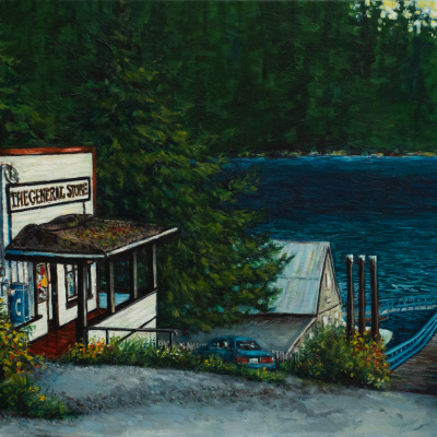 The General Store at Port Washington on Pender Island is painted in an evening light showing the Shed and Grimmer Bay in the distance.
