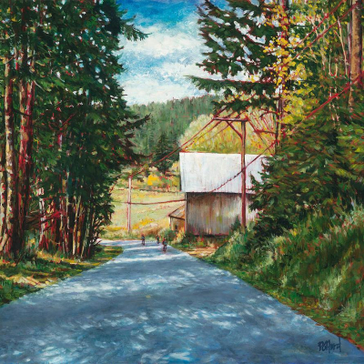 The Old Barn on Razor Point Rd, Pender Island is scene of the barn from up the road with farm fields in the distance